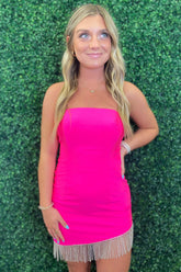 Fuchsia Homecoming Dress Strapless Fringed Tight Short Prom Dress