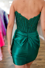 Fuchsia Homecoming Dress Strapless Satin Corset Tight Short Cocktail Dresses (Gloves not Included)