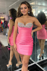 Fuchsia Homecoming Dress Sweetheart Beaded Tight Cocktail Party Dresses