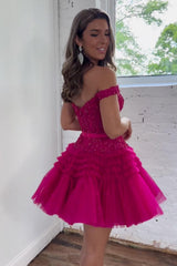 Fuchsia Homecoming Dress Tiered A-Line Tulle Short Cocktail Dresses with Lace