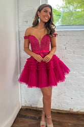 Fuchsia Homecoming Dress Tiered A-Line Tulle Short Prom Dress with Lace