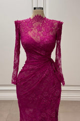 Fuchsia Mermaid High Neck Sleeves Lace Floor Length Simple Formal Dress