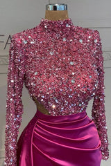 Fuchsia Mermaid Prom Dress Long Sleeve High Neck Satin Sequined Formal Dress