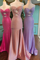 Hot Pink Mermaid Sequined Hollow Out Sweetheart Prom Dress with Slit
