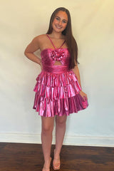 Fuchsia Metallic Homecoming Dresses Floral Short Cocktail Dresses With Ruffles