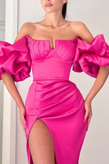 Fuchsia Off The Shoulder Bubble Sleeves High Split Long Mermaid Prom Dress