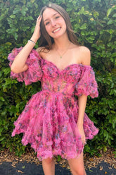 Fuchsia Off-the-Shoulder A-Line Printed Short Homecoming Dress