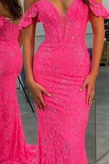Fuchsia Off the Shoulder Prom Dress Mermaid Lace Sequin Evening Dress