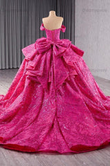 Fuchsia Off the Shoulder QuinceaneraDress Ball Gown Sequin Evening Dress