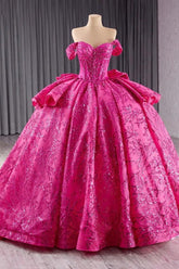 Fuchsia Off the Shoulder QuinceaneraDress Ball Gown Sequin Evening Dress