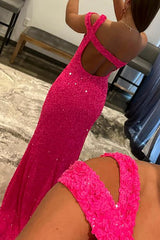 Fuchsia One Shoulder Sequined Prom Dress