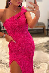 Fuchsia One Shoulder Sequined Prom Dress