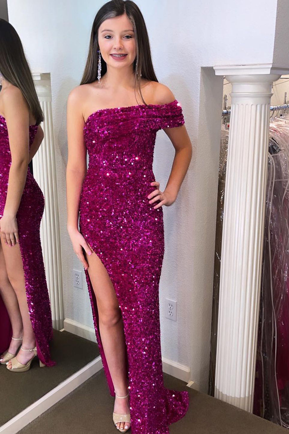 Fuchsia One Shoulder Sheath Sequins Long Prom Dress with Slit
