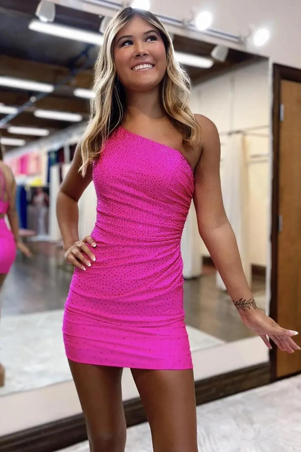 Fuchsia One Shoulder Sheath/Column Short Homecoming Dress with Beadings