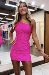 Fuchsia One Shoulder Sheath/Column Short Homecoming Dress with Beadings