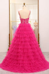 Fuchsia Prom Dress A Line Beaded Appliques Tiered Long Evening Dress With Slit