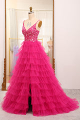 Fuchsia Prom Dress A Line Beaded Appliques Tiered Long Evening Dress With Slit