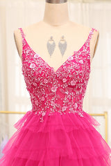 Fuchsia Prom Dress A Line Beaded Appliques Tiered Long Evening Dress With Slit