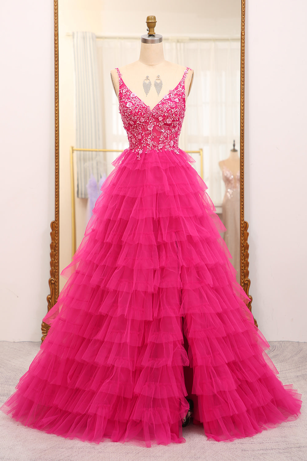 Fuchsia Prom Dress A Line Beaded Appliques Tiered Long Evening Dress With Slit