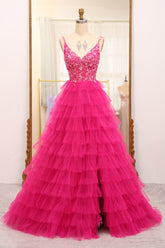 Fuchsia Prom Dress A Line Beaded Appliques Tiered Long Evening Dress With Slit