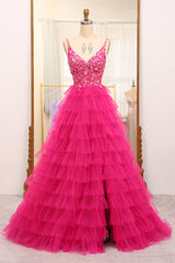 Fuchsia Prom Dress A Line Beaded Appliques Tiered Long Evening Dress With Slit