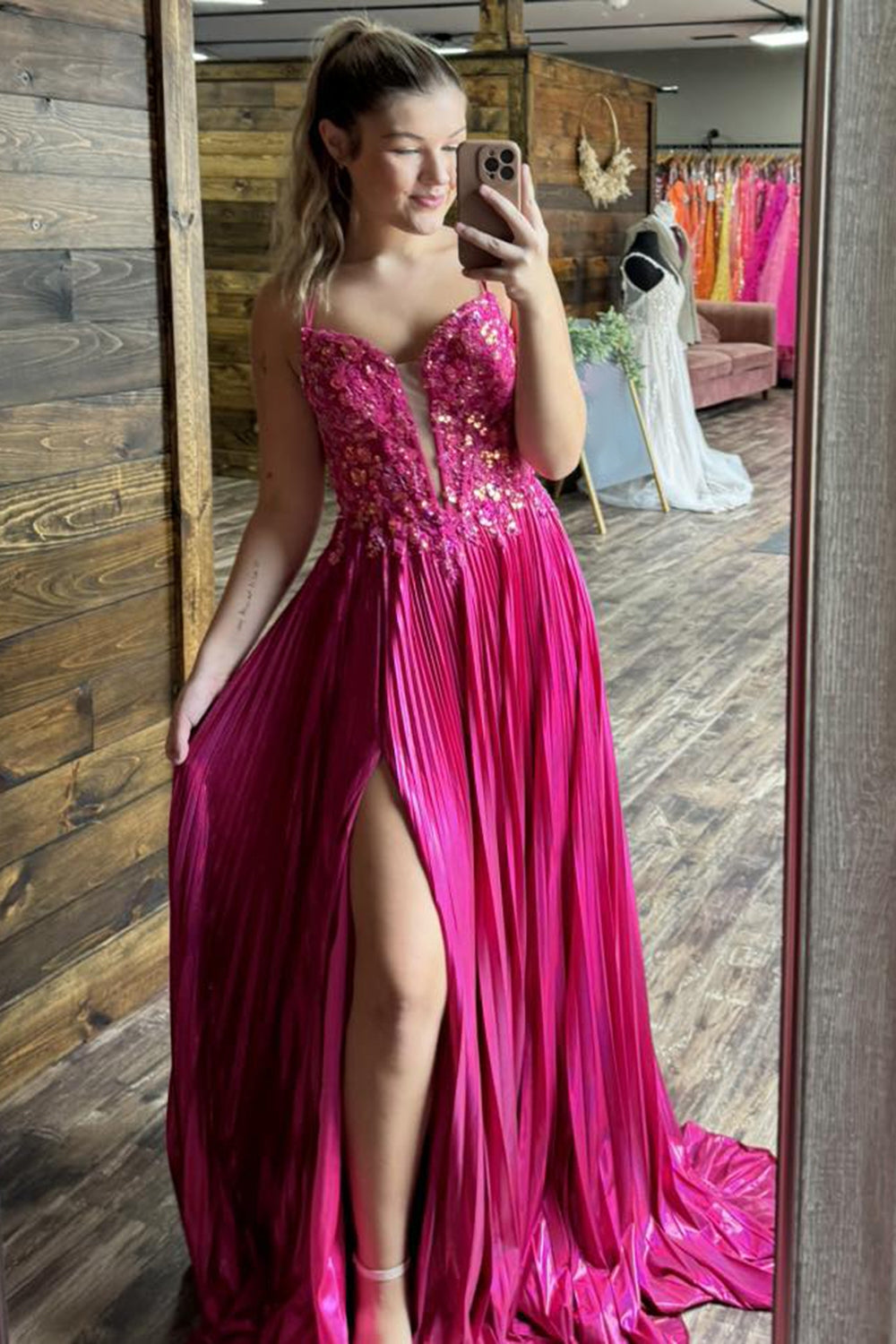 Fuchsia Prom Dress A Line Corset Long Evening Dress with Slit