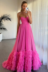 Fuchsia Prom Dress A Line Ruffled Long Evening Dress