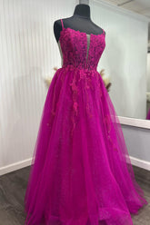 Fuchsia Prom Dress A Line Spaghetti Straps Corset Evening Dress with Appliques
