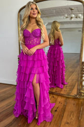 Fuchsia Prom Dress A Line Tiered Chiffon Long Evening Dress with Lace