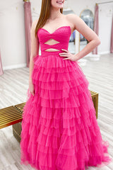 Fuchsia Prom Dress Beaded Tulle Tiered A-Line Sweetheart Long Formal Dress