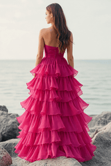 Fuchsia Formal Dress Chiffon Strapless Long Ball Gown Wedding Guest Dress With Ruffles