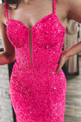 Fuchsia Prom Dress Corset Sequined Long Mermaid Evening Dress with Slit
