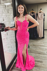 Fuchsia Prom Dress Corset Sequined Long Mermaid Evening Dress with Slit