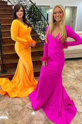 Fuchsia Prom Dress Feathered V-Neck Formal Dress With Long Sleeves