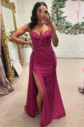 Fuchsia Prom Dress Floral Mermaid Ruche Spaghetti Straps Long Formal Dress With Slit