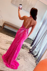Fuchsia Prom Dress Halter Long Prom Drees with Slit