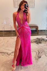Fuchsia Prom Dress Halter Long Prom Drees with Slit