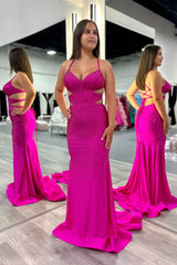 Fuchsia Prom Dress Halter Mermaid Long Evening Dress with Lace Up Back