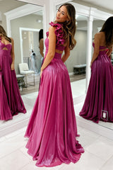 Fuchsia Prom Dress Hollow Out One Shoulder Evening Dress with Slit