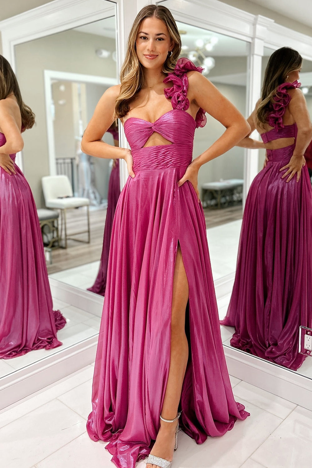 Fuchsia Prom Dress Hollow Out One Shoulder Evening Dress with Slit