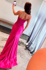 Fuchsia Prom Dress Mermaid Appliques Ruche Long Formal Dress With Slit