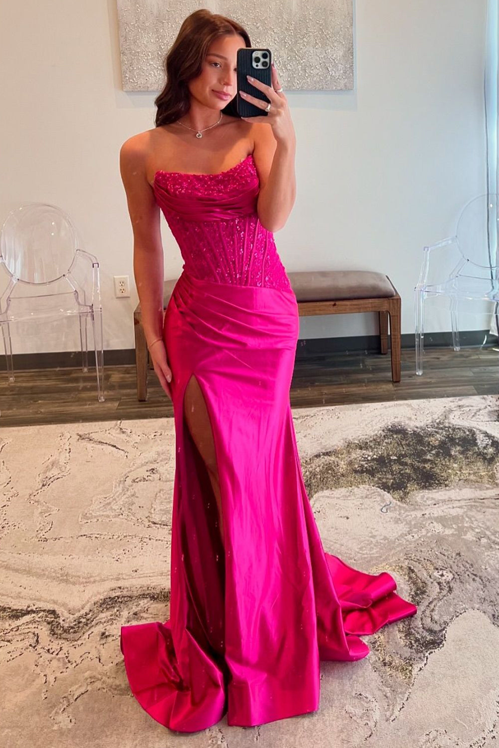 Fuchsia Prom Dress Mermaid Appliques Ruche Long Formal Dress With Slit