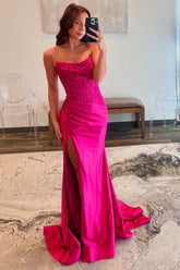 Fuchsia Prom Dress Mermaid Appliques Ruche Long Formal Dress With Slit