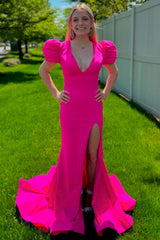 Fuchsia Prom Dress Mermaid Puff Sleeves Long Formal Dress With Slit