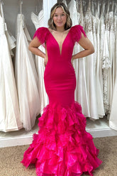 Fuchsia Prom Dress Mermaid Ruffled Long Formal Dress With Feathers
