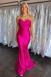 Fuchsia Prom Dress Mermaid Strapless Satin Long Formal Dress