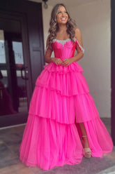 Fuchsia Prom Dress Off The Shoulder A-Line Tiered Long Formal Dress With Slit