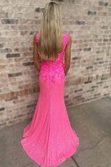 Fuchsia Prom Dress Off The Shoulder Mermaid Formal Dress With Slit