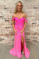 Fuchsia Prom Dress Off The Shoulder Mermaid Formal Dress With Slit
