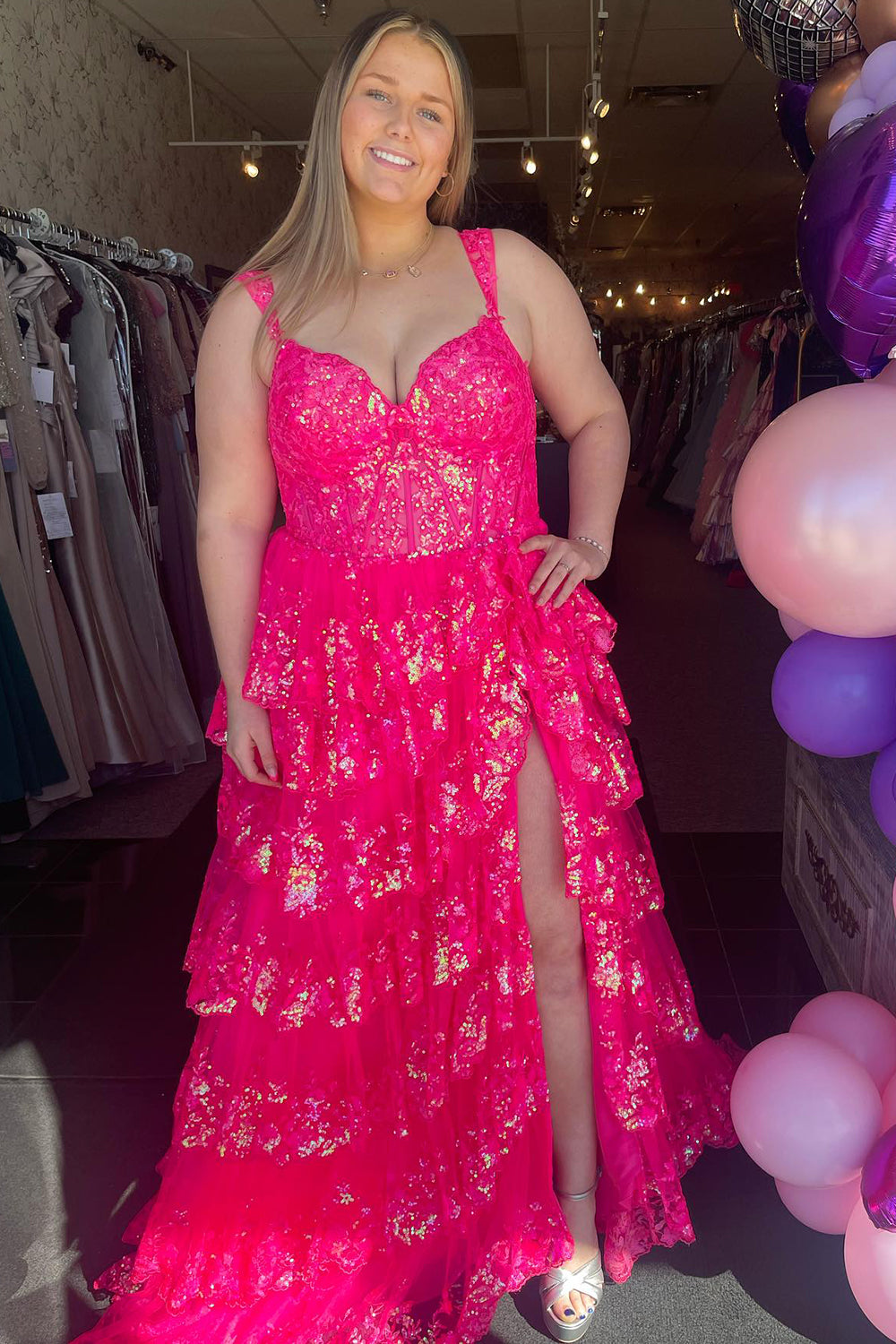 Fuchsia Prom Dress Ruffled Long Evening Dress with Slit